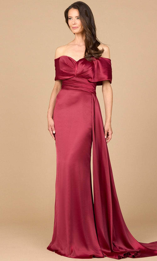 Lara 28945 Off Shoulder Satin Formal Dress Long Side Cape Mother of the Bride Dress