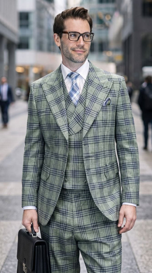 Statement Men's 3-Piece 100% Wool Tailored Fit Glen Plaid Suit - Double Breasted Vest - Sage