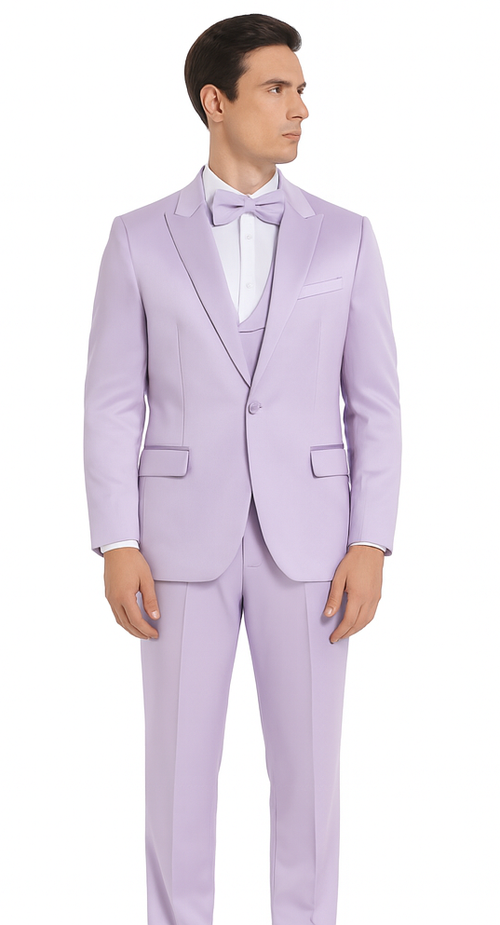 Lavender Satin 3 Piece Slim Fit Tazzio Men's Suit with Peak Lapel Jacket β Modern Design