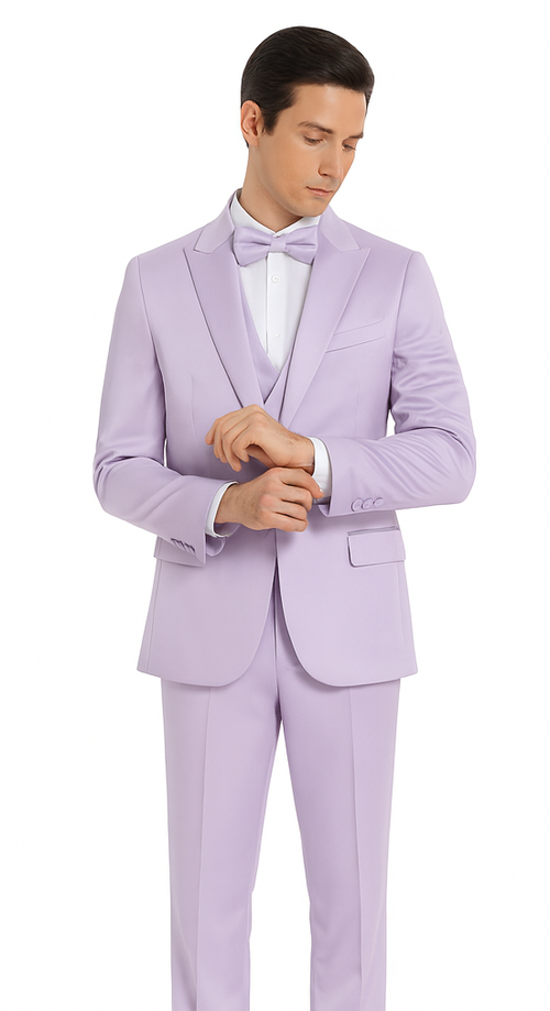 Lavender Satin 3 Piece Slim Fit Tazzio Men's Suit with Peak Lapel Jacket – Modern Design