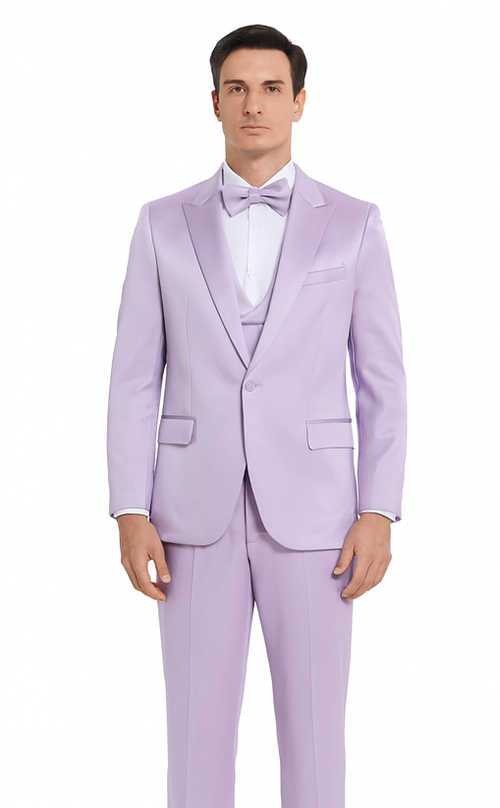 Lavender Satin 3 Piece Slim Fit Tazzio Men's Suit with Peak Lapel Jacket – Modern Design