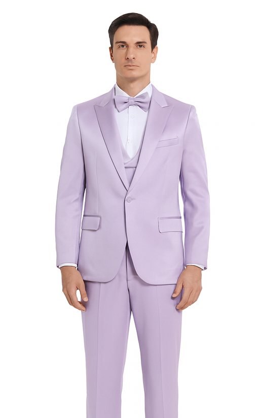 Lavender Satin 3 Piece Slim Fit Tazzio Men's Suit with Peak Lapel Jacket – Modern Design