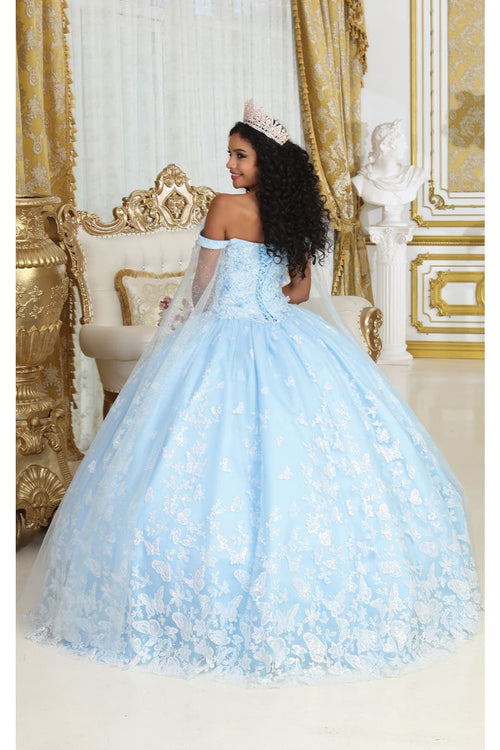 Glitter Butterfly Applique Cape Sleeves Quinceanera Gown