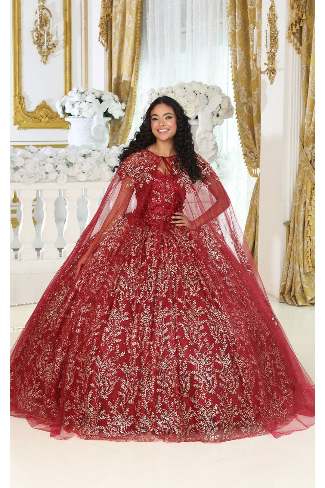 Layla K LK204 Detachable Cape Glitter 3D Floral Applique Quince Gown - BURGUNDY / 4