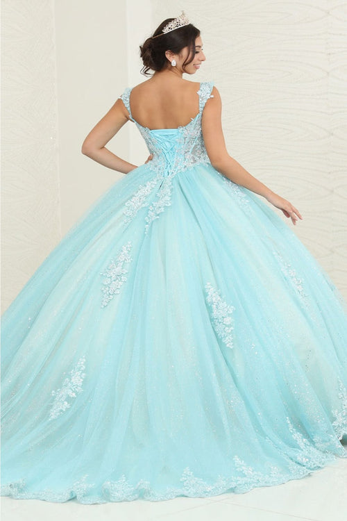 Layla K LK253 Floral Sheer Corset Glitter Tiffany/BlueNude Ball Gown - Dress