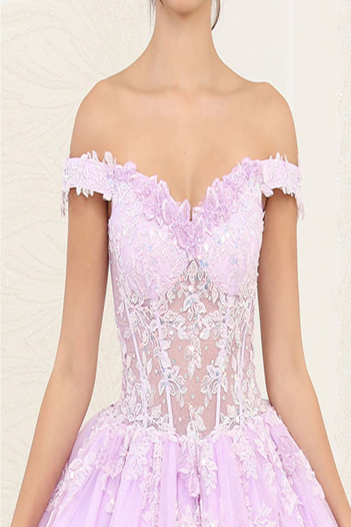 Layla K LK254 Off-Shoulder Glitter Embellished Lilac Quince Ball Gown - Dress