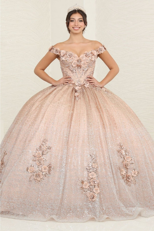 Layla K LK255 Champagne Off-Shoulder Quince Gown with Detachable Tail - Dress