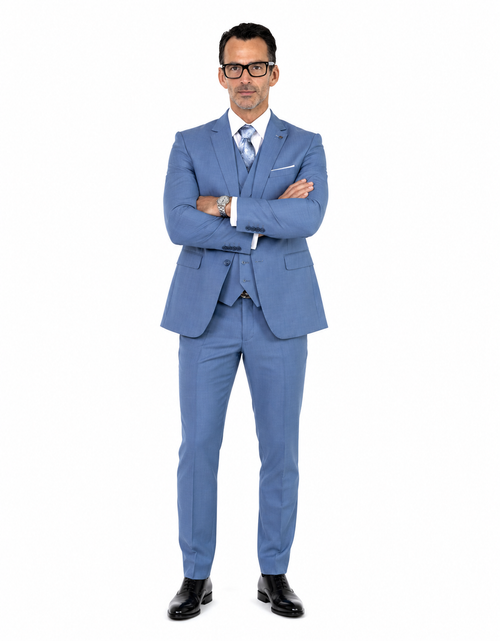 Men's Modern Fit Wool Suit in Steel Blue with Double Breasted Vest