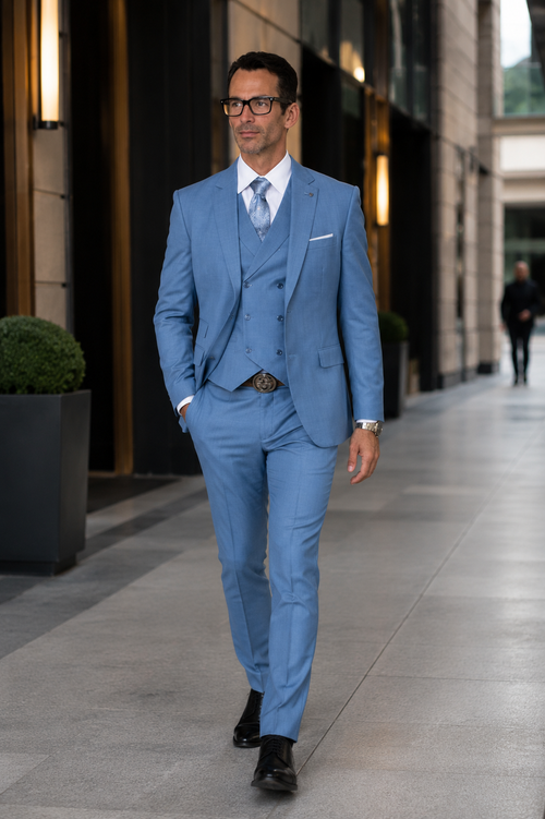 Men's Modern Fit Wool Suit in Steel Blue with Double Breasted Vest