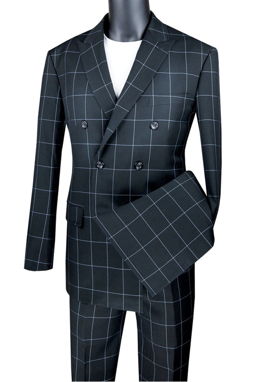 Men's Double Breasted Windowpane Plaid Suit in Black