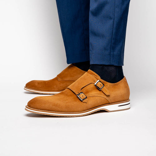 Zelli Legerra Contemporary Suede Monk Strap Dress Shoes in Cognac