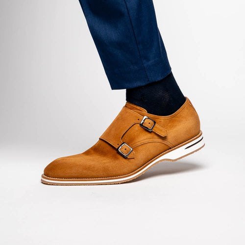 Zelli Legerra Contemporary Suede Monk Strap Dress Shoes in Cognac
