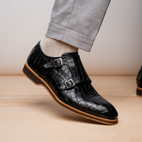 Zelli Legerra Hand Burnished Crocodile Print Monk Strap in Black