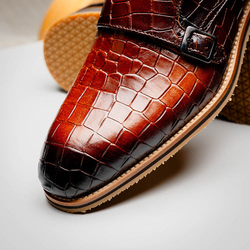Zelli Legerra Hand-Burnished Crocodile Print Monk Strap in Cognac