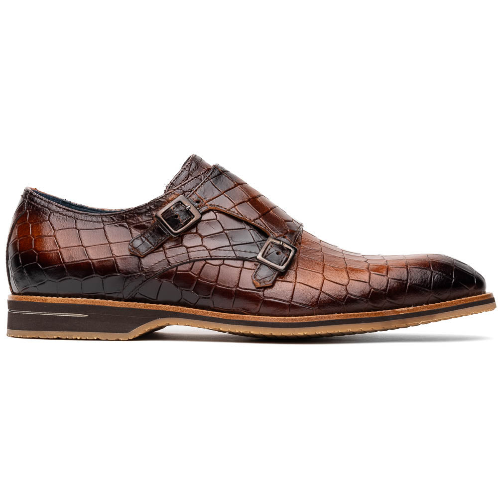 Zelli Legerra Hand-Burnished Crocodile Print Monk Strap in Cognac