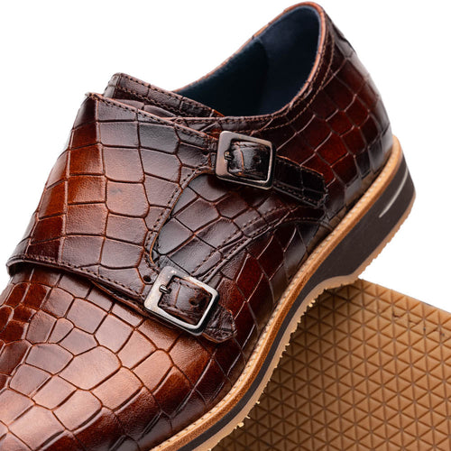 Zelli Legerra Hand-Burnished Crocodile Print Monk Strap in Cognac