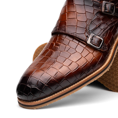 Zelli Legerra Hand-Burnished Crocodile Print Monk Strap in Cognac