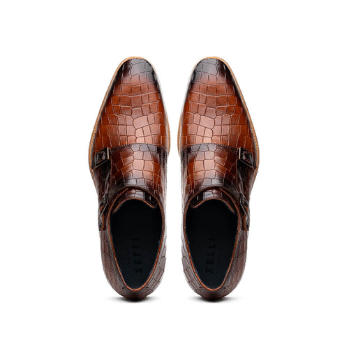 Zelli Legerra Hand-Burnished Crocodile Print Monk Strap in Cognac