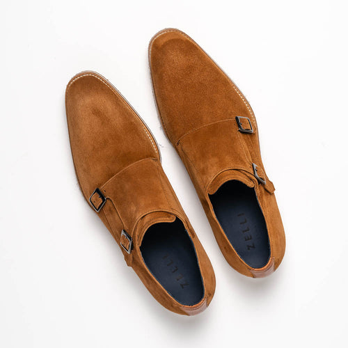 Zelli Legerra Contemporary Suede Monk Strap Dress Shoes in Cognac