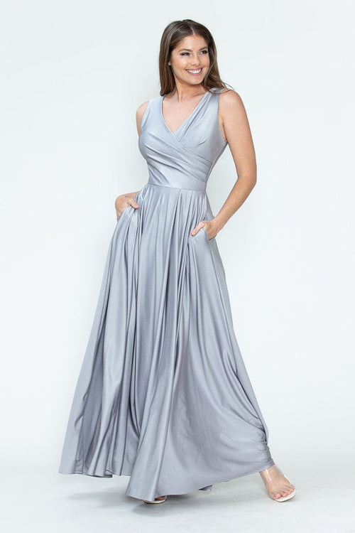 Lenovia 5242 Side Pockets A-line Shiny Long Simple Formal Evening Gown