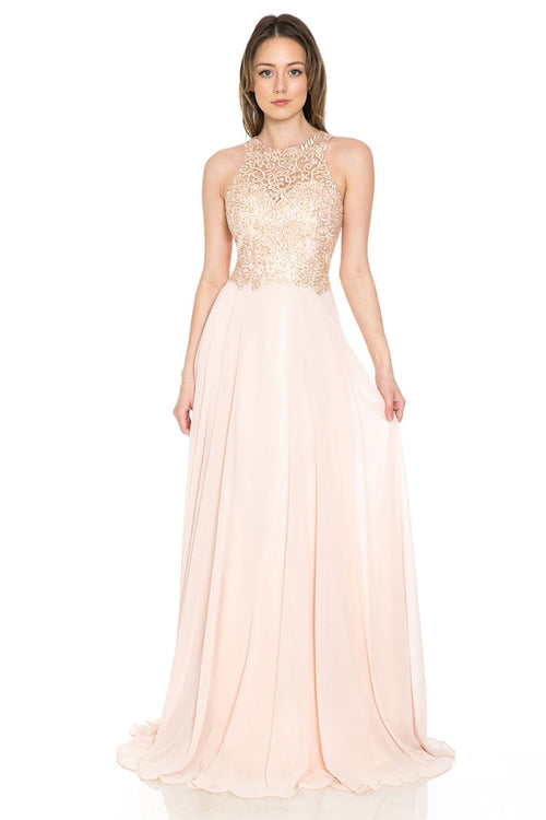 Lenovia 8169 Sleeveless Halter Long Embroidered Formal Gown
