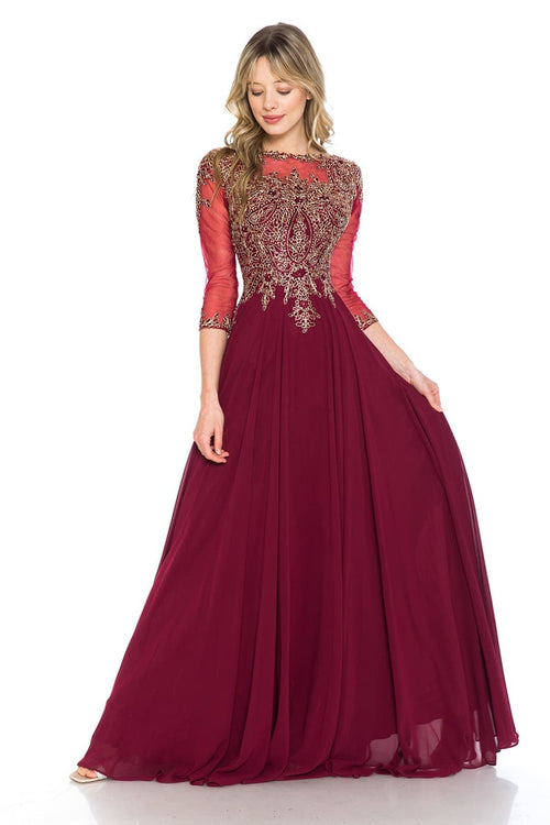Embroidered 3/4 Sleeve Mother Of The Bride Dress Modest Evening Gown