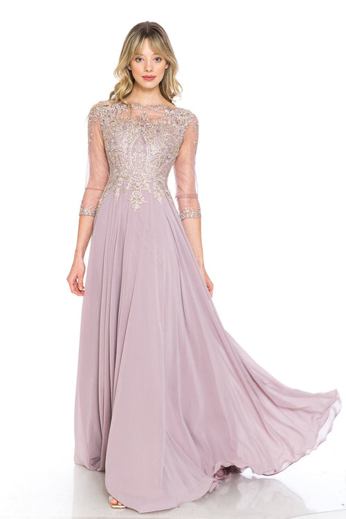 Embroidered 3/4 Sleeve Mother Of The Bride Dress Modest Evening Gown