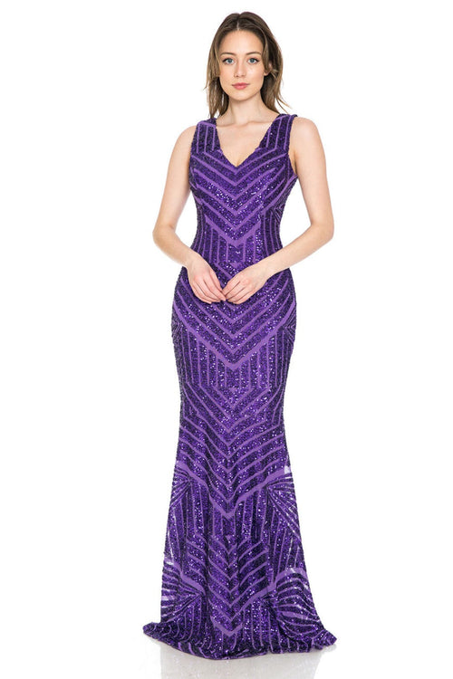 Lenovia USA 5150 V-Neck Mermaid Sequined Long Evening Prom Dress-New Collection