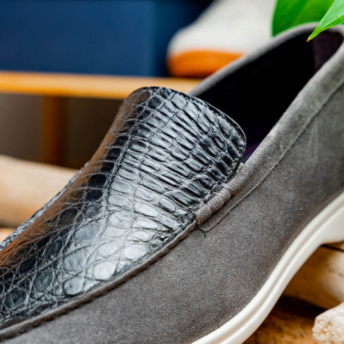 Zelli Bene Sueded Goatskin and Crocodile Loafer in Grey