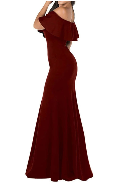 POLY USA 8146 Simple Ruffle Off Shoulder Long Mermaid Evening Dress