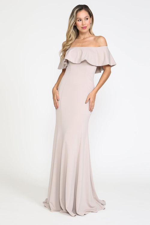 POLY USA 8146 Simple Ruffle Off Shoulder Long Mermaid Evening Dress