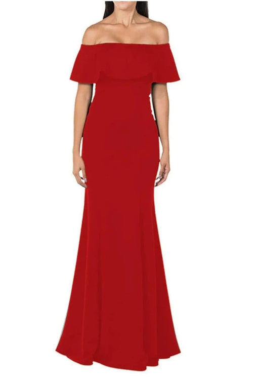 POLY USA 8146 Simple Ruffle Off Shoulder Long Mermaid Evening Dress