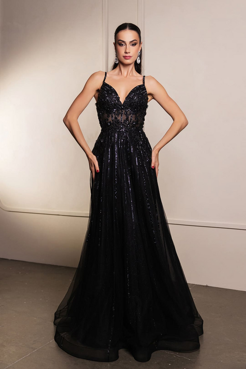 Long Evening Dress V-Neck Sequin A-Line Gown By Royal Queen RQ8143