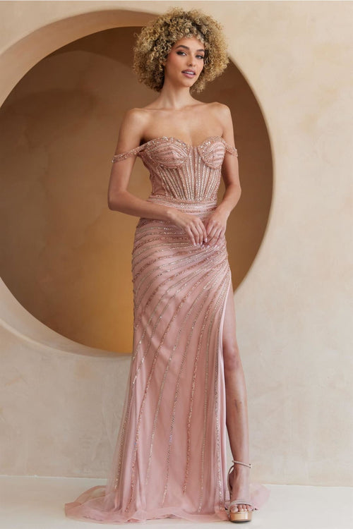 Long Prom Dress Beaded Off Shoulder Evening Gown Amelia Couture TM1029