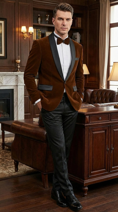 Mens Brown Velvet Tuxedo Jacket – Luxury Black Lapel Velvet Blazer for Wedding, Prom and Formal Events