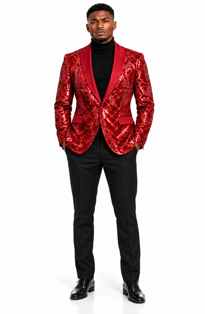 Mens Sequin Christmas Holiday Blazer – Luxury Party Jacket for New Year Jacket Sparkly Dinner Jacket in color "Crimson Red"