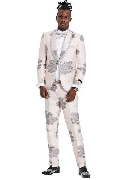 Designer Gray Prom Tuxedo - Grey Wedding Suit With Lace Trim