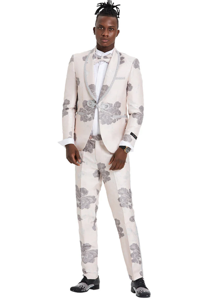 Mens Gray Tuxedo - Grey Wedding Suit-Mens One Button Vested Shawl Tuxedo In Pink & Silver Paisely With Lace Trim - Men's Tuxedo USA