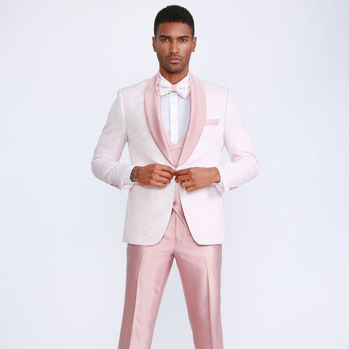 Pink Patterned Tuxedo Set with Shawl Lapel – Wedding & Prom