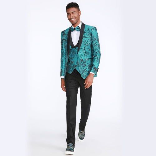 Turquoise Floral Tuxedo with Shawl Lapel β 4 Piece Set