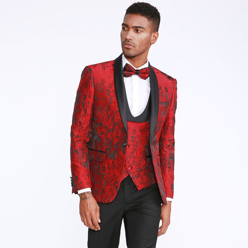 Red Floral Pattern Tuxedo 4-Piece Set – Wedding & Prom