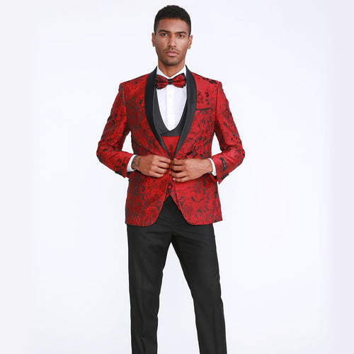 Red Floral Pattern Tuxedo 4-Piece Set – Wedding & Prom