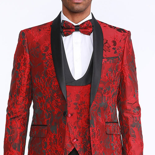 Red Floral Pattern Tuxedo 4-Piece Set – Wedding & Prom
