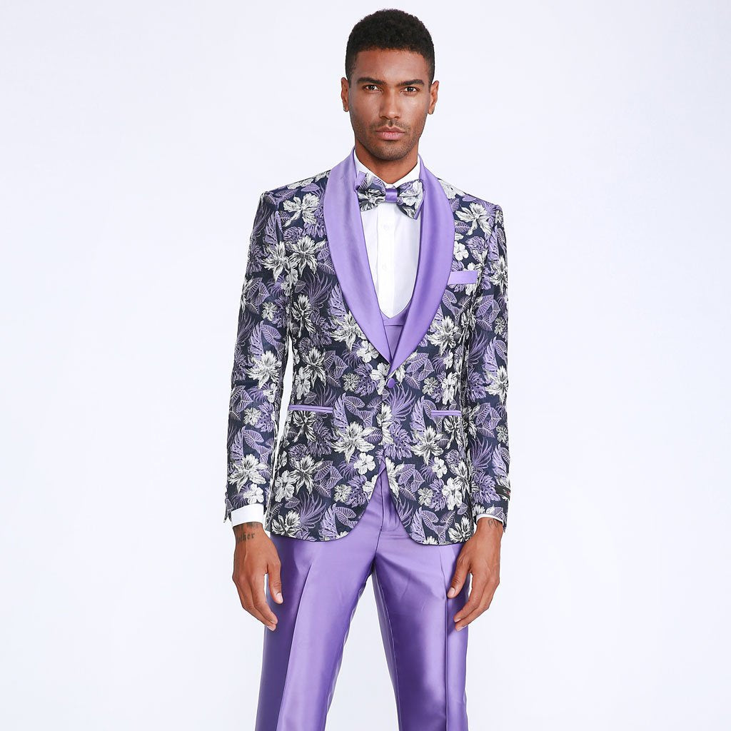 Purple Floral Tuxedo Set with Shawl Lapel β Wedding & Prom