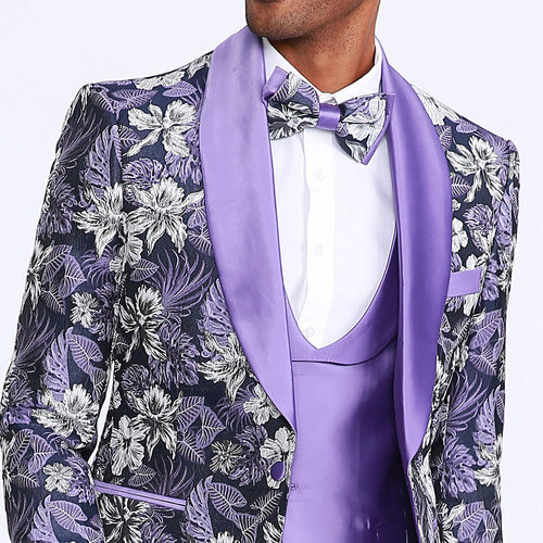 Purple Floral Tuxedo Set with Shawl Lapel β Wedding & Prom