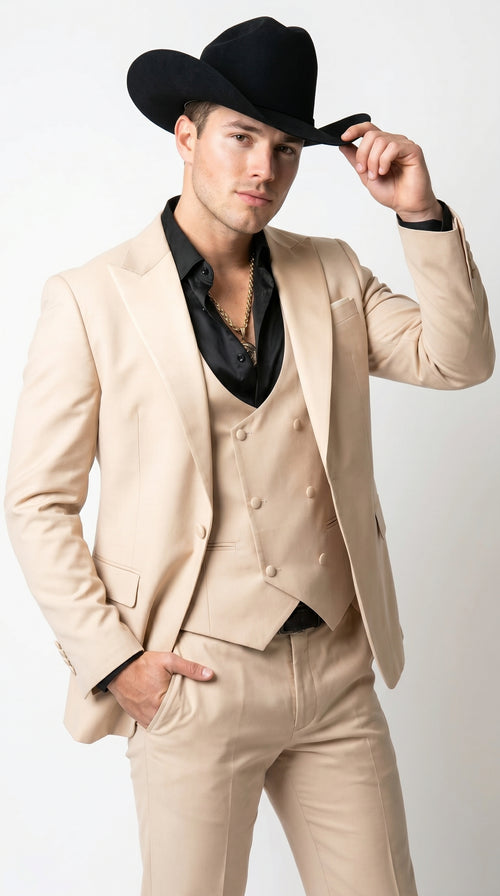 Men’s Light Beige Western 3 Piece Suit with Shawl Lapel, Cowboy Tuxedo Formal Outfit