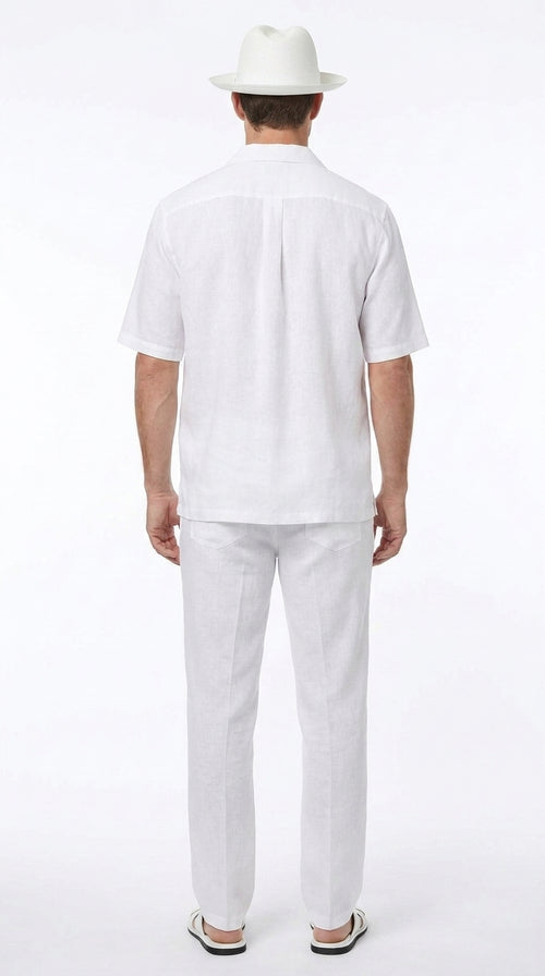 Men’s Big Size White Linen Walking Suit, Short Sleeve Shirt and Pants Casual Summer Set