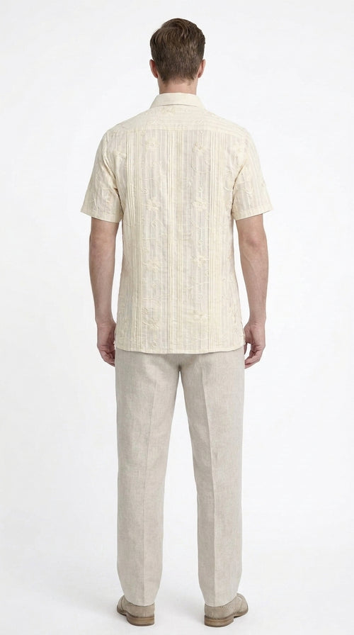 Men’s Cream Abstract Stripe Walking Suit Set, 2 Piece Short Sleeve Casual Shirt and Pants Outfit