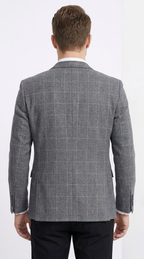 Tazio Men’s Charcoal Grey Plaid Sport Coat, 2 Button Windowpane Formal Blazer