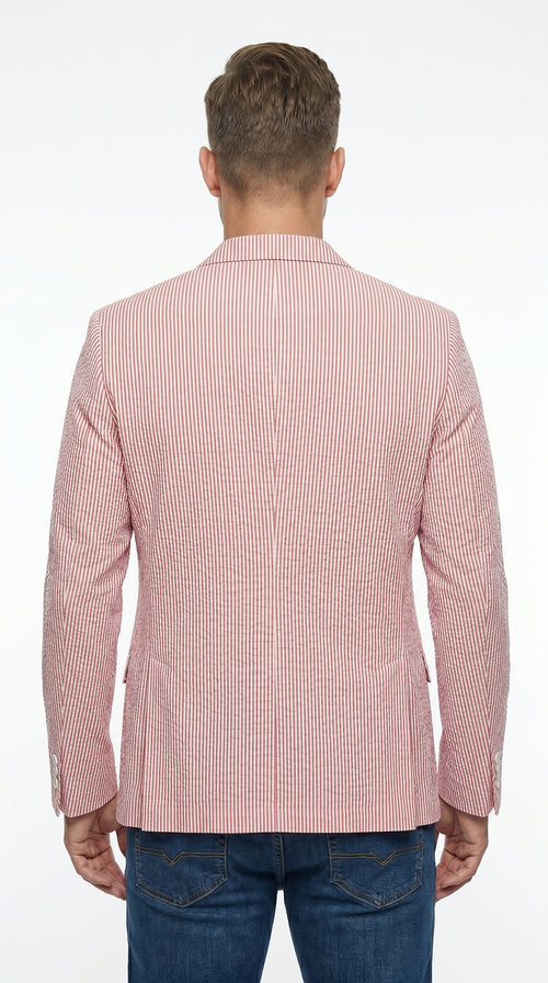 Men’s Red Brick Seersucker 2 Button Blazer, Lightweight Summer Sport Coat for Dress Casual Wear